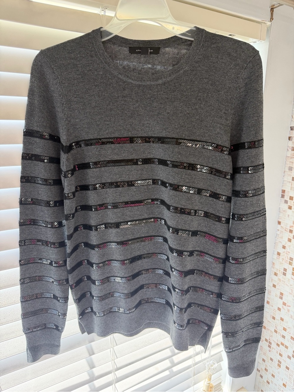 Ann Taylor women’s Gray Crewneck Sweater with Sequin Stripes